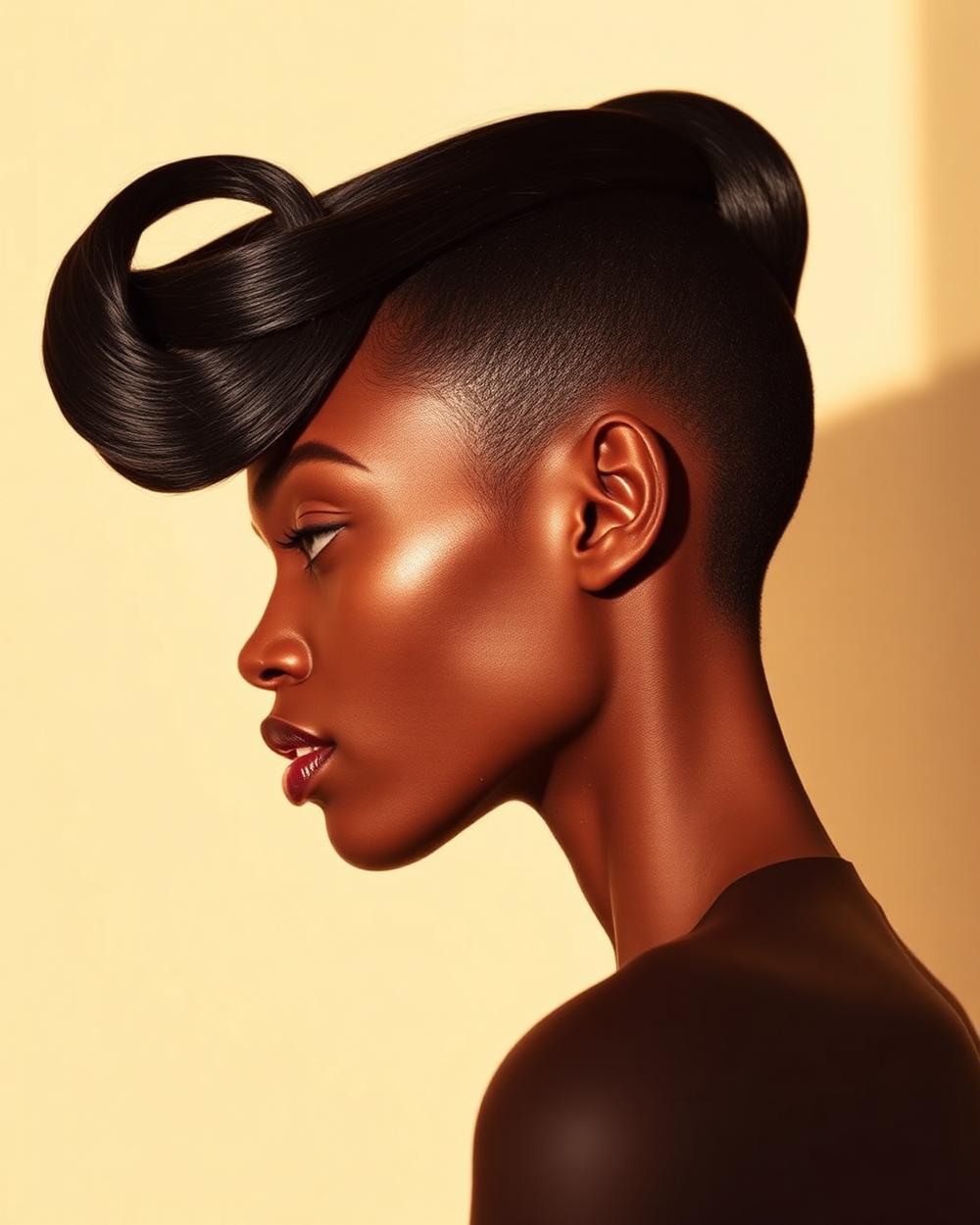 Sculptural hair styling in profile