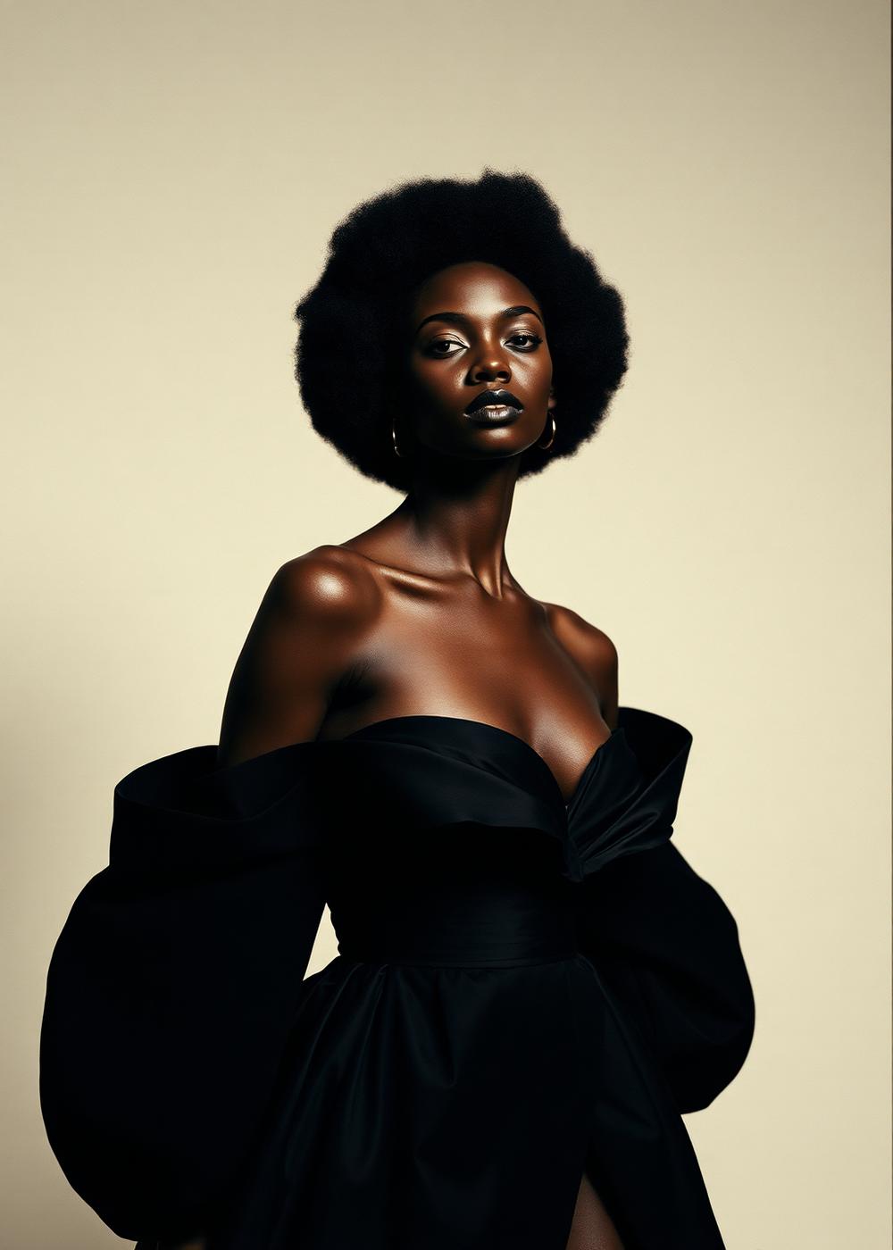Model in a sculptural black gown against an ivory backdrop
