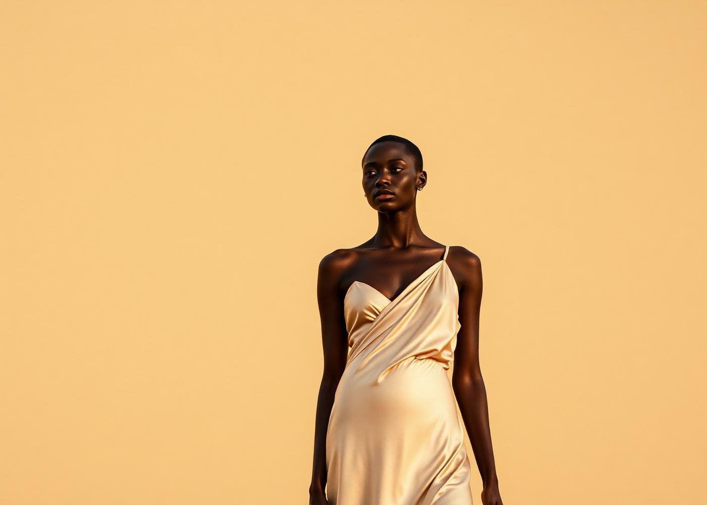 Wide cinematic fashion photograph in warm golden light