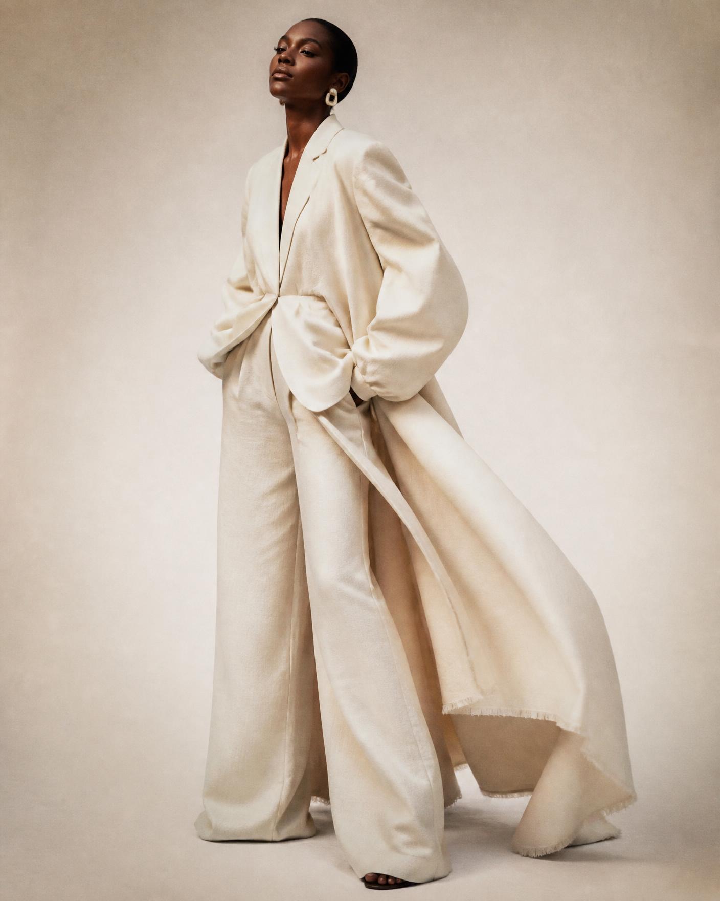 Editorial fashion photograph of a model in a flowing ivory ensemble