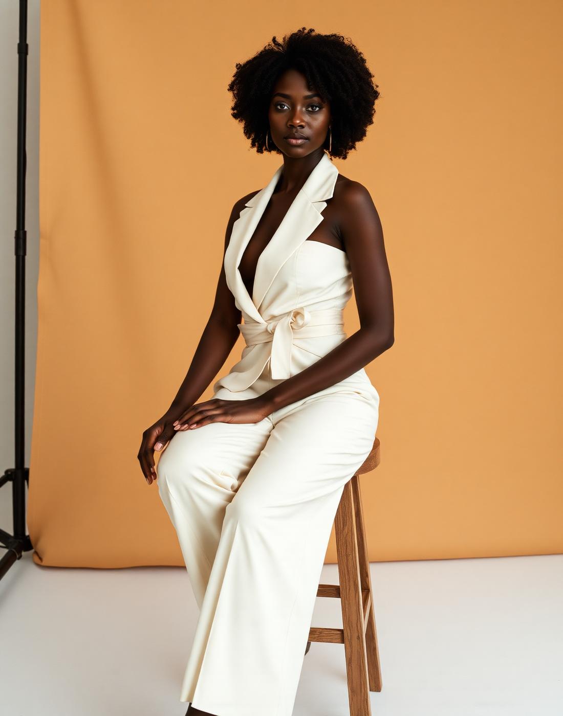 Editorial portrait in a cream tailored suit