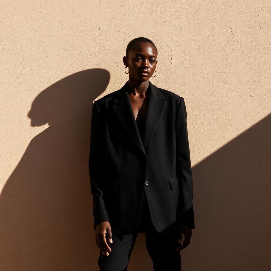 Oversized black blazer against a beige wall